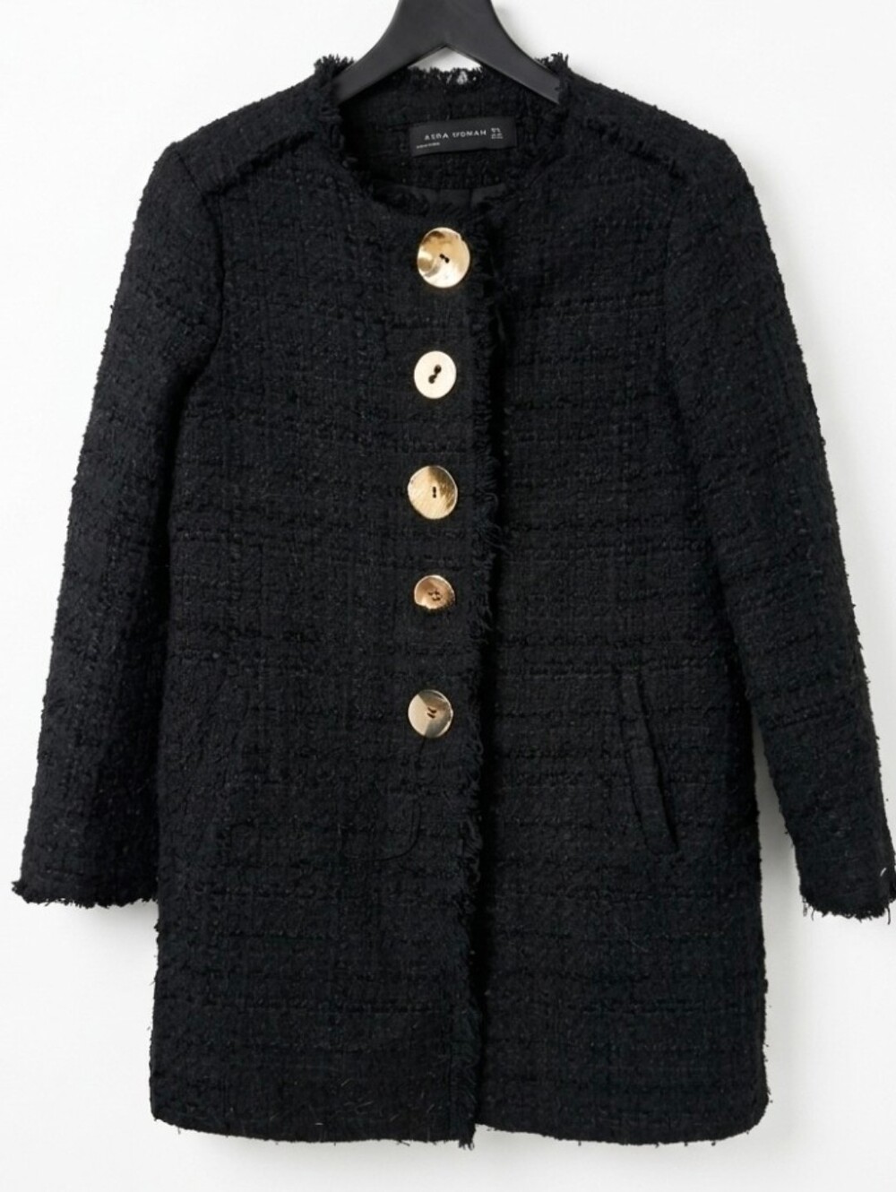 Zara Tweed Boucle Frayed Trim Collarless Coat Gold Buttons